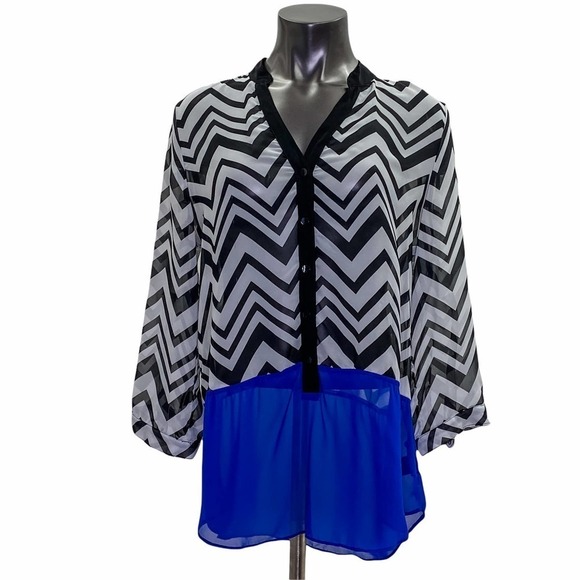 I.n. San Francisco Black & White Chevron Royal Blue Half-Button V-Neck Blouse - Picture 1 of 12